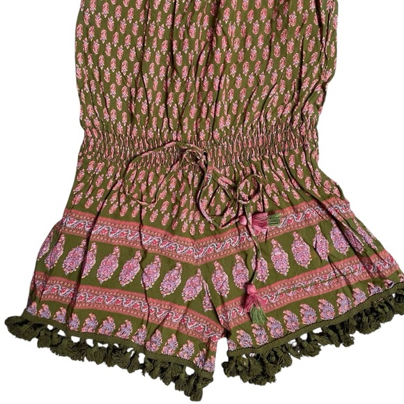 Anthropologie Raga Off-Shoulder Romper Green Pink Boho Pom-Pom Trim Size Small - Picture 9 of 15